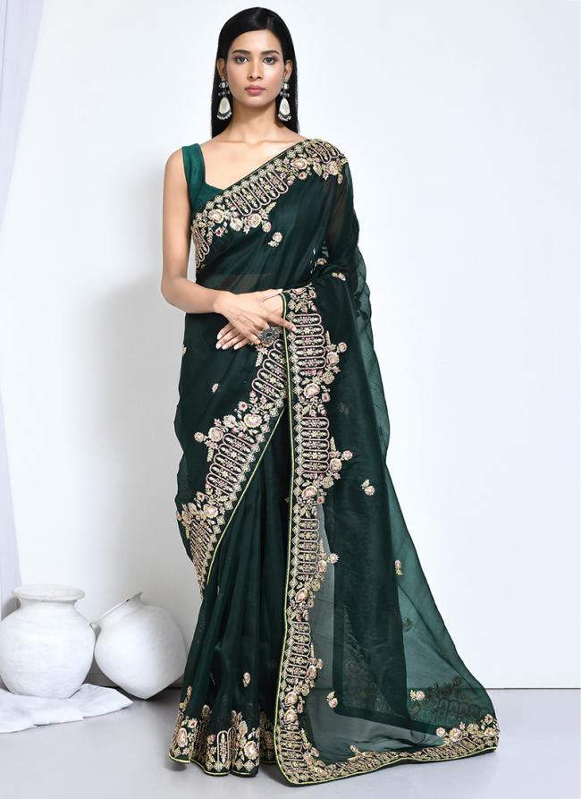 Organza Silk Green Wedding Wear Embroidery Work Saree